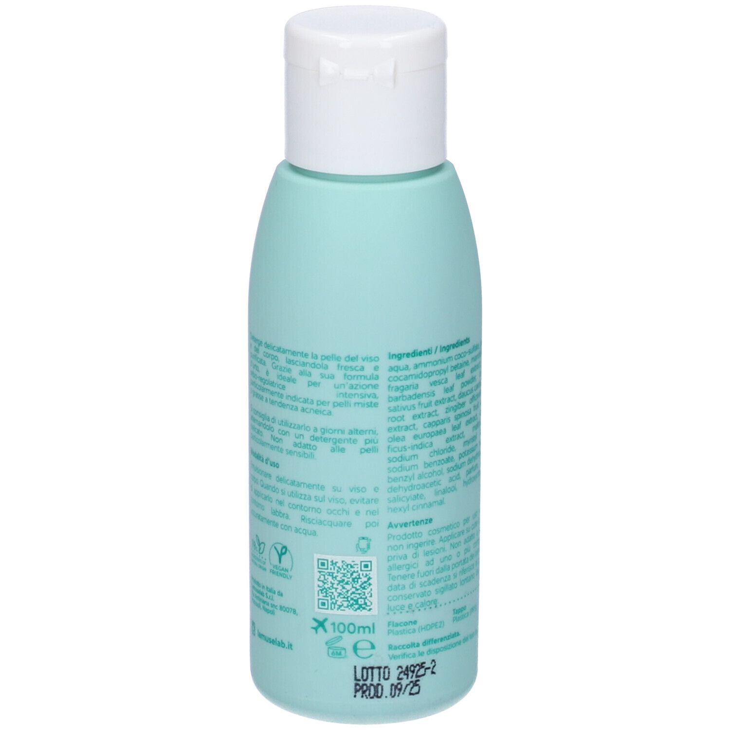 Retro del flacone turchese con tappo bianco. Testo, codice QR e loghi visibili.