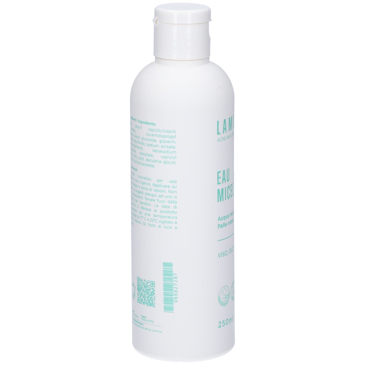 Flacone bianco con stampa verde. Testo: Ingredienti, avvertenze. Codice QR e certificazioni.