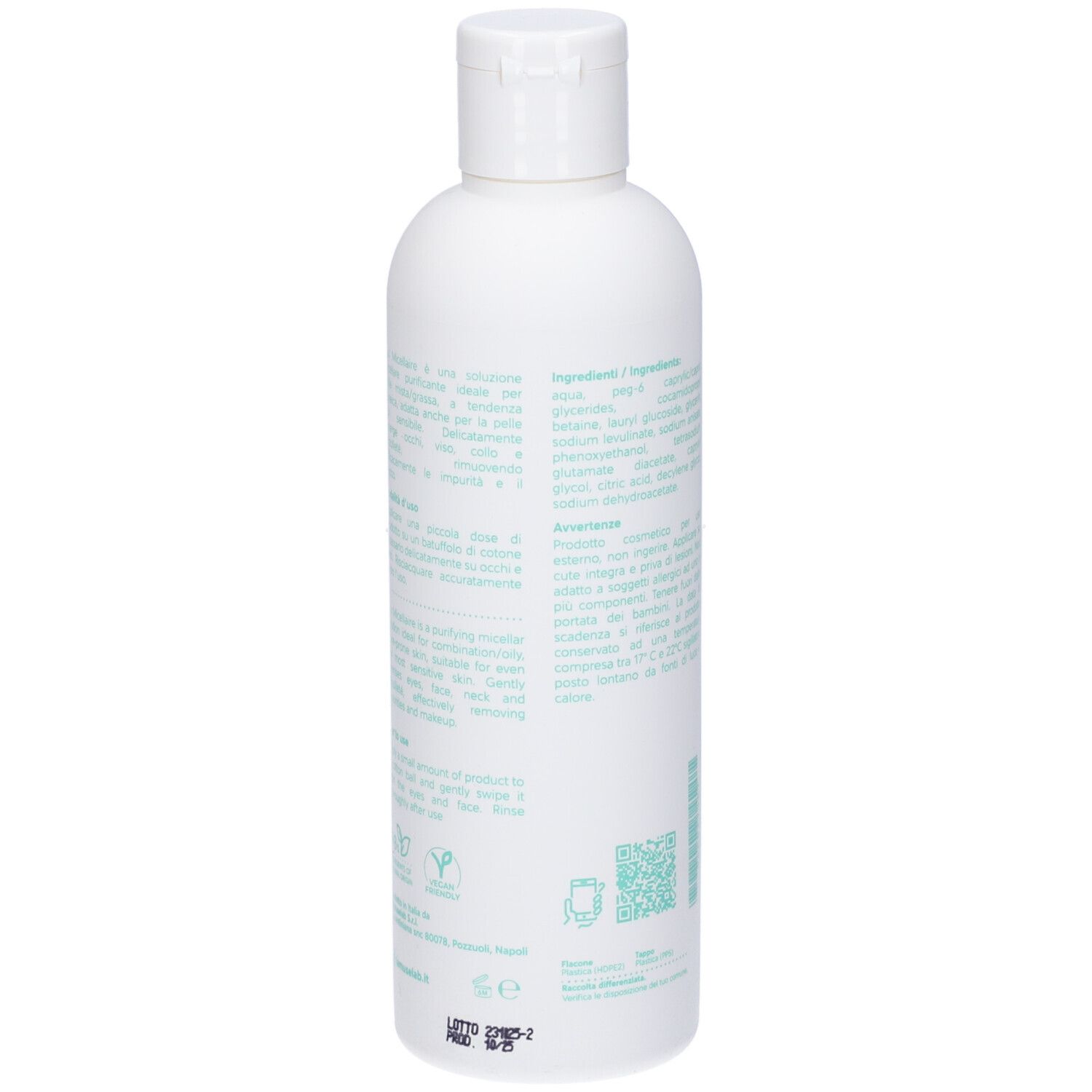 Flacone bianco con stampa verde. Testo: Ingredienti, avvertenze. Codice QR e certificazioni.