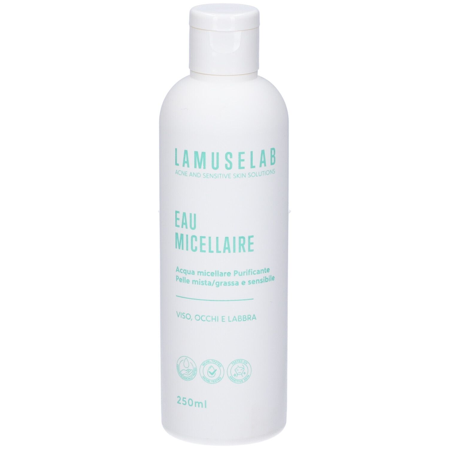 Flacone bianco con stampa verde. Testo: LAMUSELAB, EAU MICELLAIRE, 250ml. Per pelli miste e sensibili.
