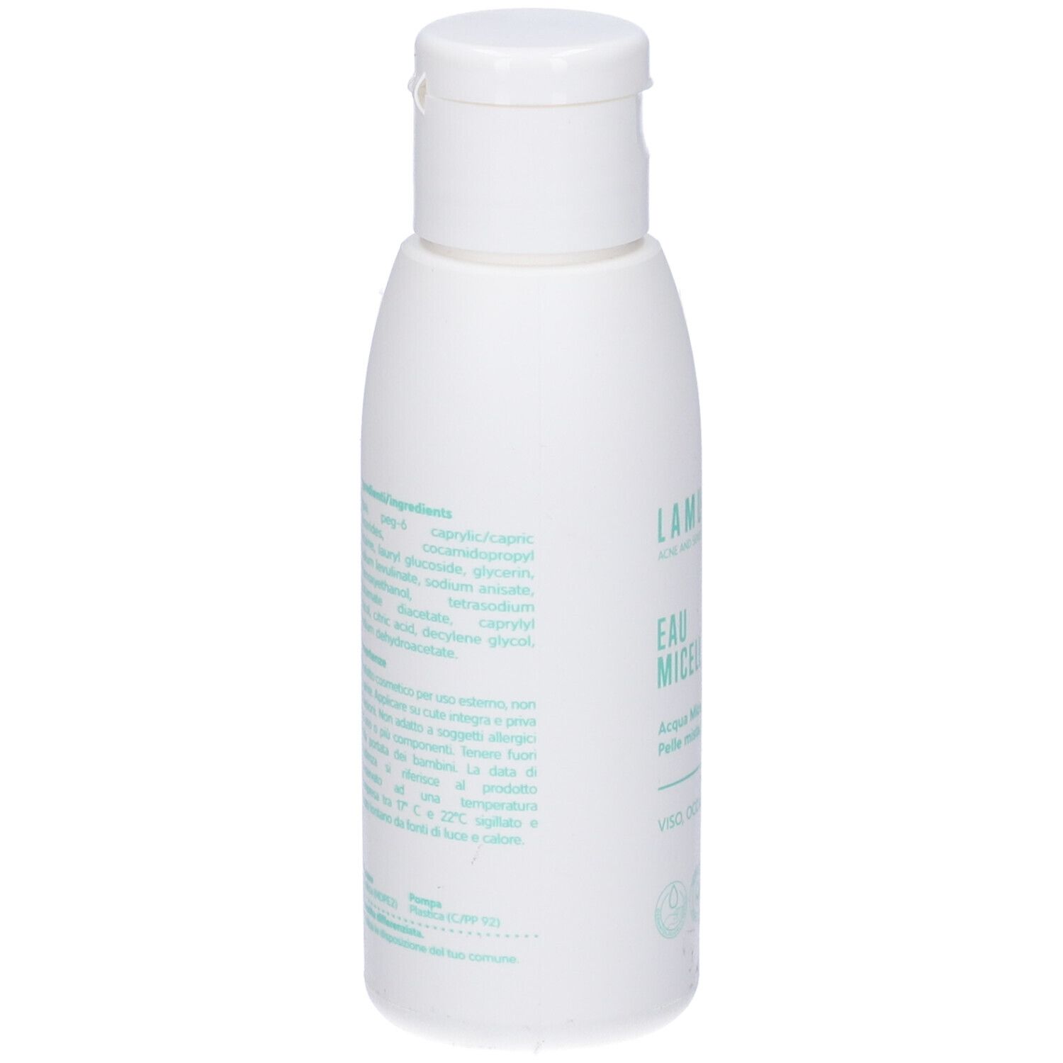 Retro di un flacone bianco. Testo con ingredienti e istruzioni per l'uso. Scritta: LAMUSELAB, Eau Micellaire.