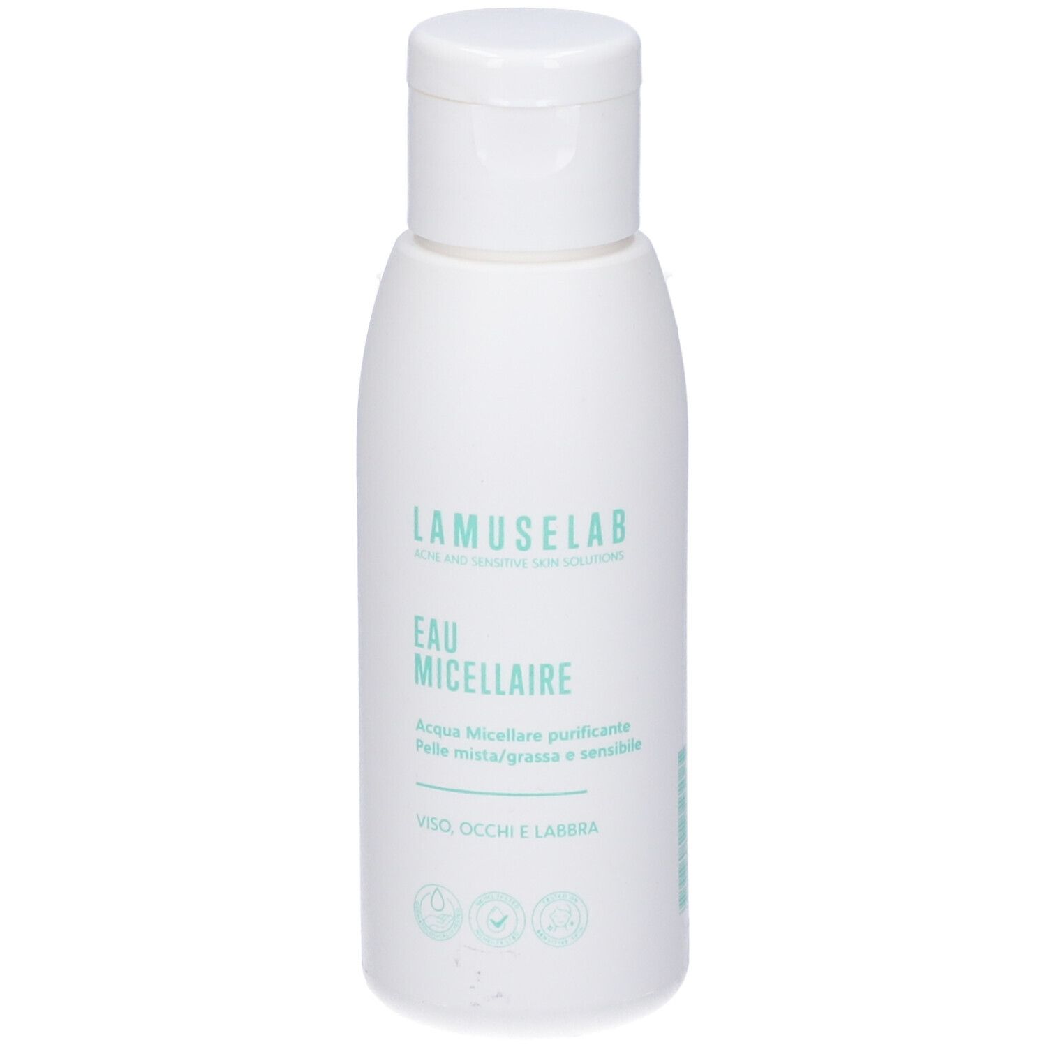 Flacone bianco con tappo a ribalta. Scritta: LAMUSELAB, Eau Micellaire. Per pelli miste/grasse e sensibili.
