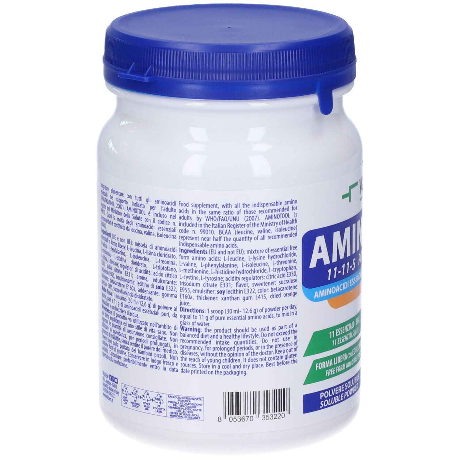 Retro del barattolo di polvere di aminoacidi. Informazioni testuali su ingredienti e uso. Coperchio blu.