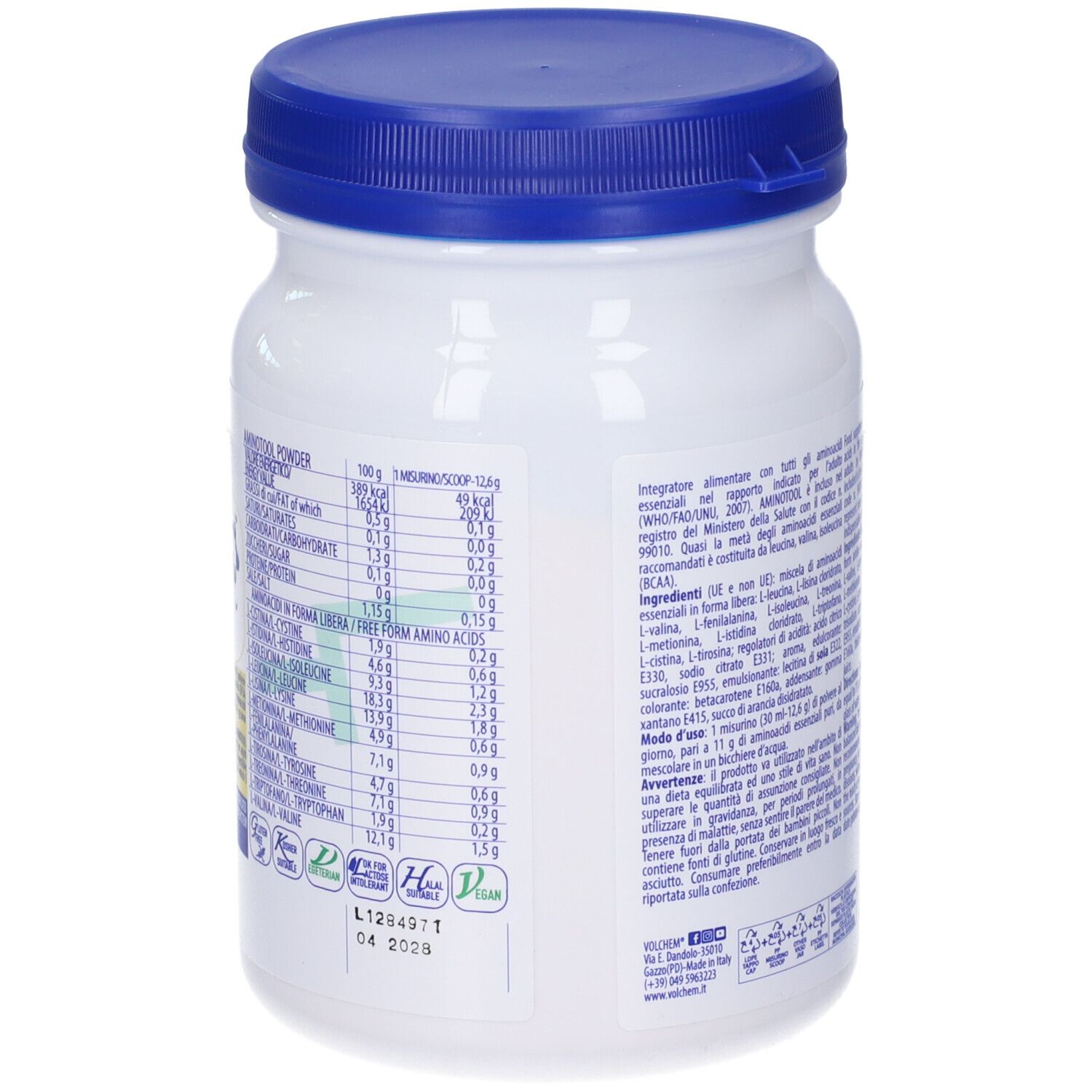 Retro del barattolo di polvere di aminoacidi. Informazioni nutrizionali e altre informazioni testuali. Coperchio blu.