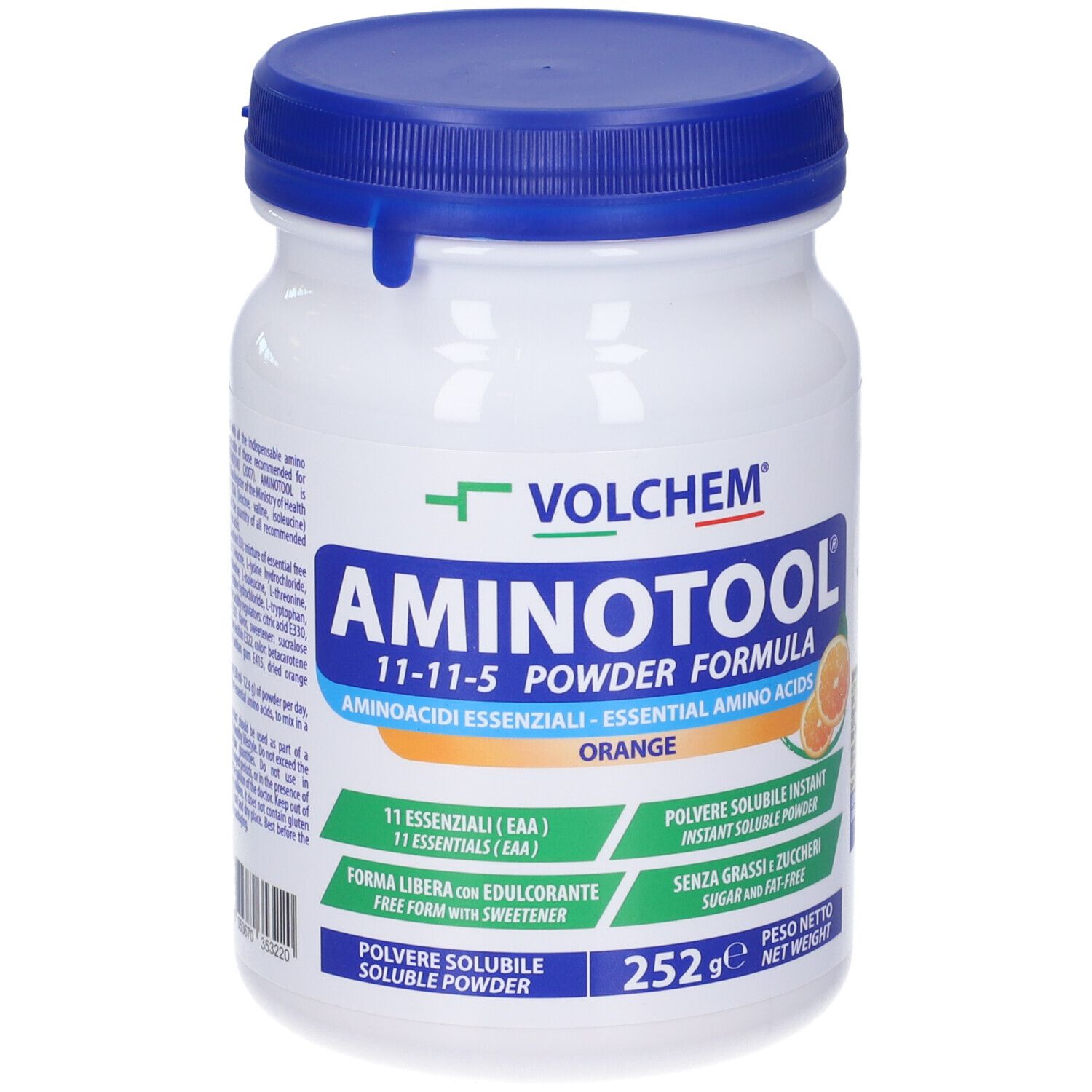 Barattolo di polvere di aminoacidi con coperchio blu. Scritta: AMINOTOOL, 11-11-5, Arancia. 252g. Con immagine di arance.