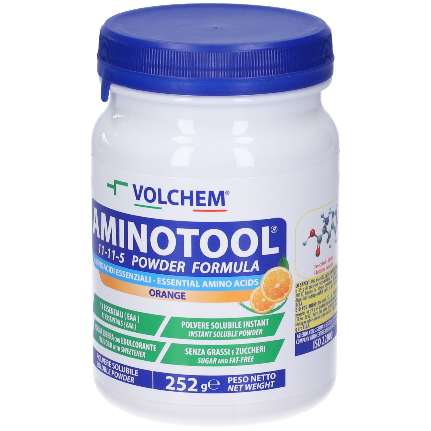 Barattolo di polvere di aminoacidi con coperchio blu. Scritta: AMINOTOOL, 11-11-5, Arancia. 252g. Con immagine di arance e ISO 22000.