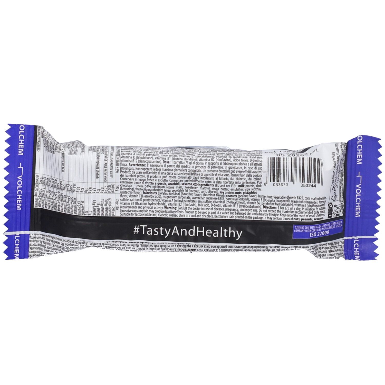 Retro della confezione della barretta PROMEAL XL COCCO. Contiene informazioni nutrizionali e ingredienti. Hashtag: #TastyAndHealthy.