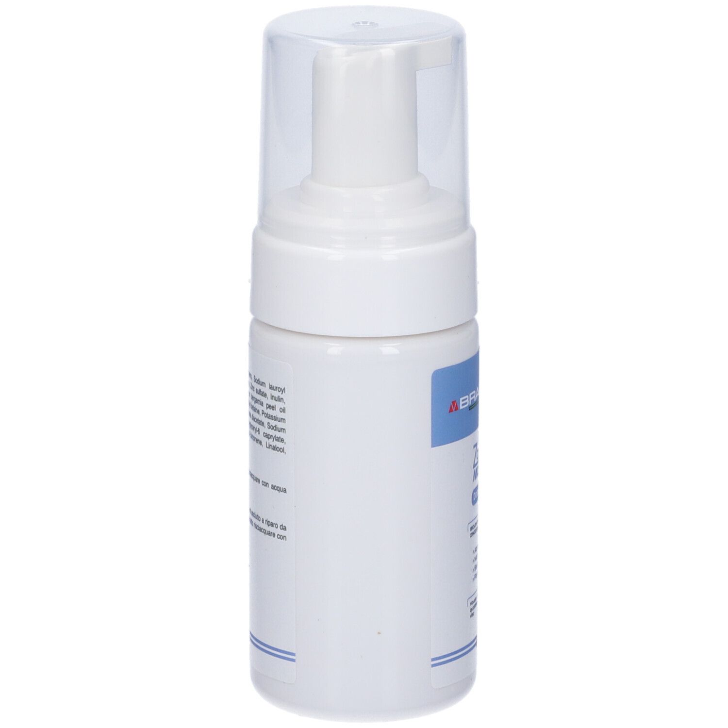 Flacone bianco con dosatore. Testo sul retro. Linea blu in basso.