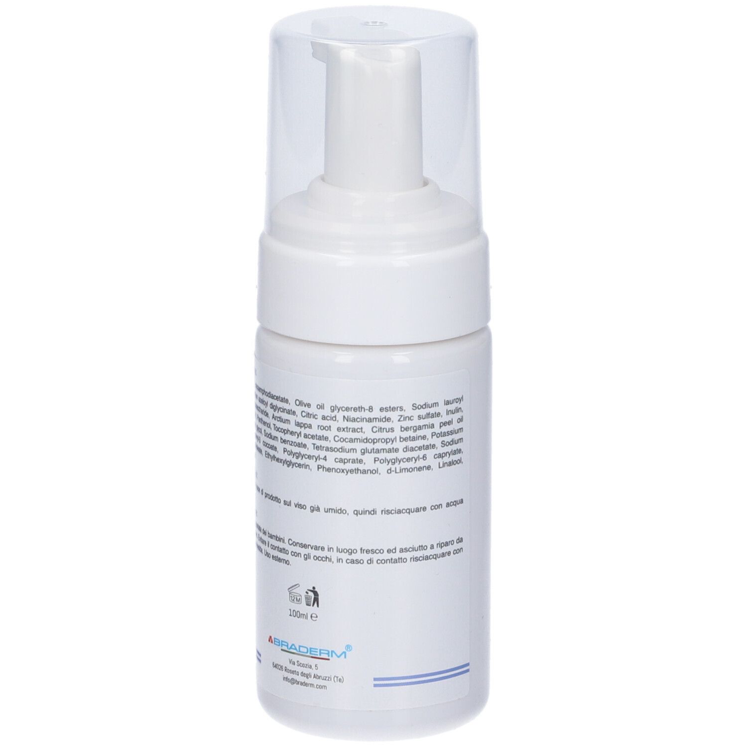 Flacone bianco con dosatore. Retro con testo. Linea blu in basso.