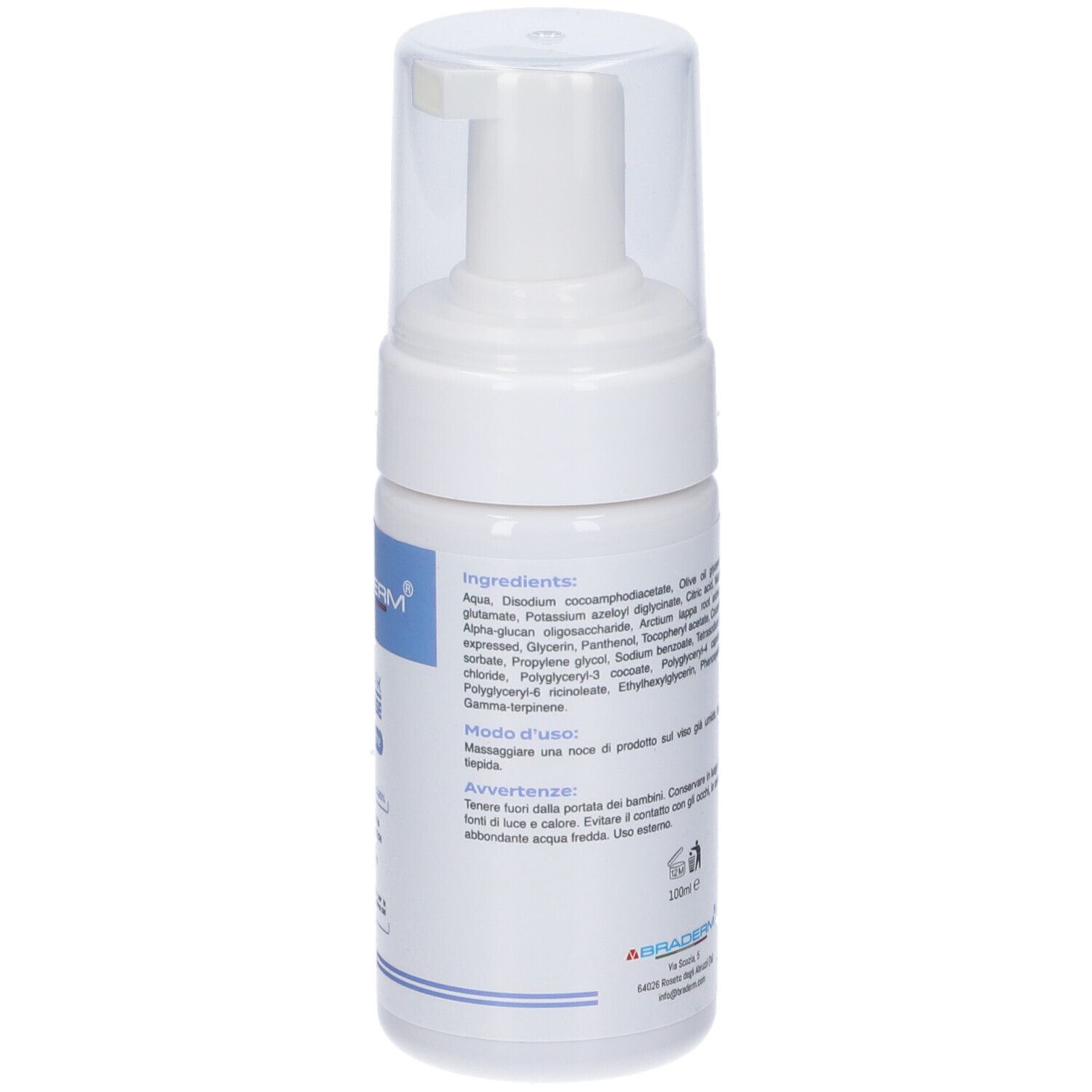 Flacone bianco con dosatore. Retro con testo. Linea blu in basso.