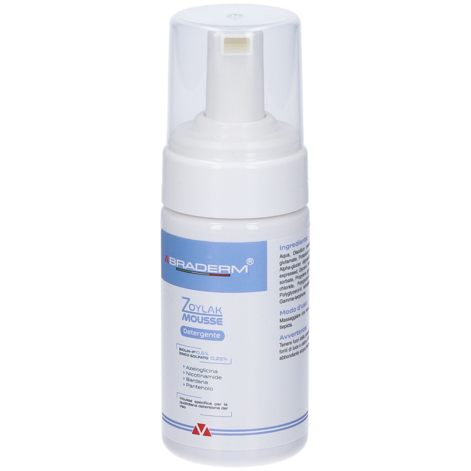 Flacone bianco con dosatore. Scritte: BRADERM, Zoylak Mousse Detergente. Dettagli blu e rossi.