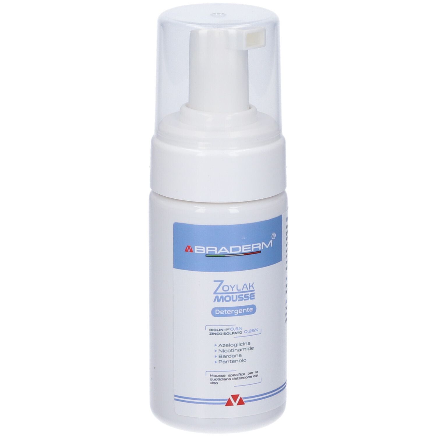 Flacone bianco con dosatore. Scritte: BRADERM, Zoylak Mousse Detergente. Dettagli blu e rossi.