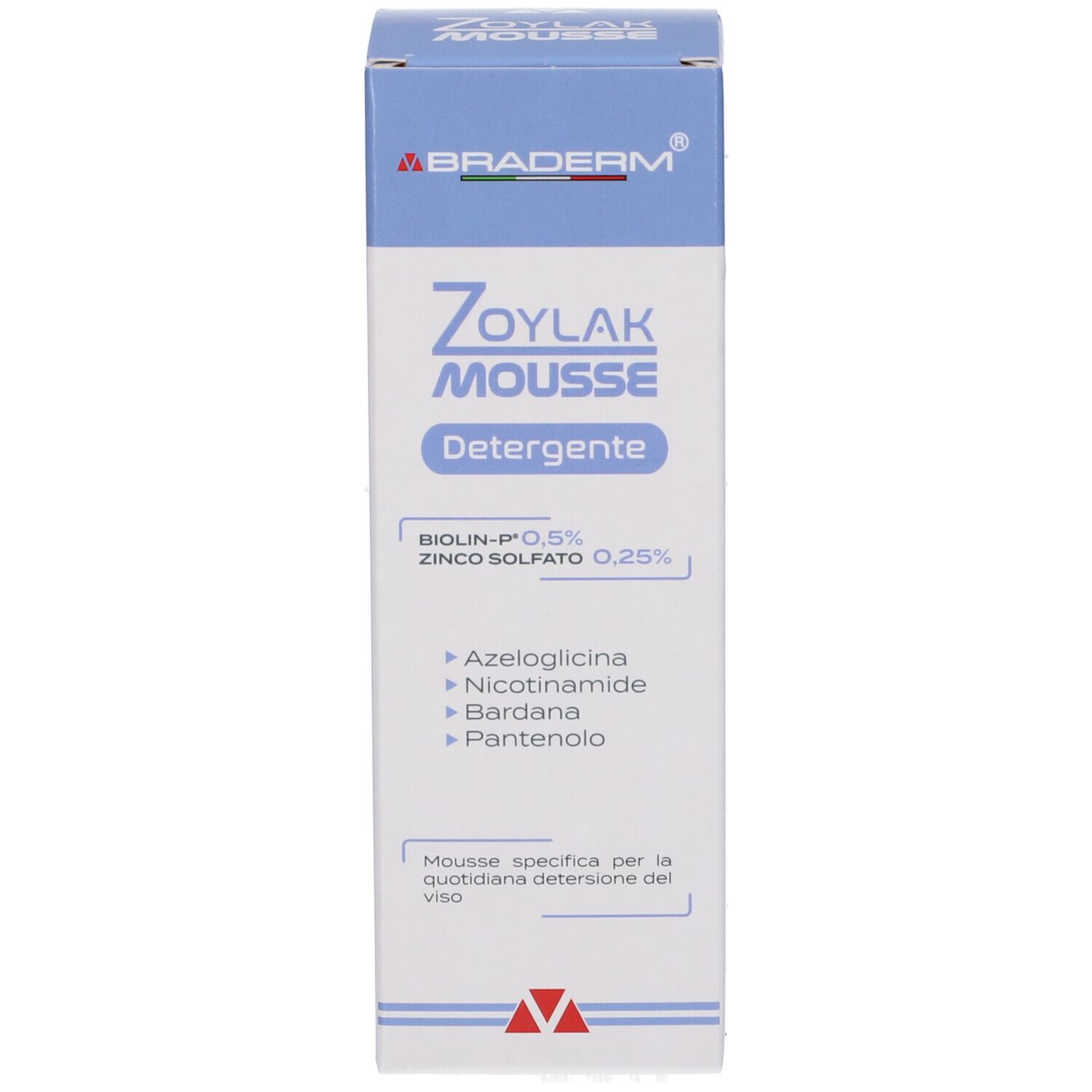 Confezione del prodotto. Scritte: BRADERM, Zoylak Mousse Detergente. Dettagli blu e rossi.