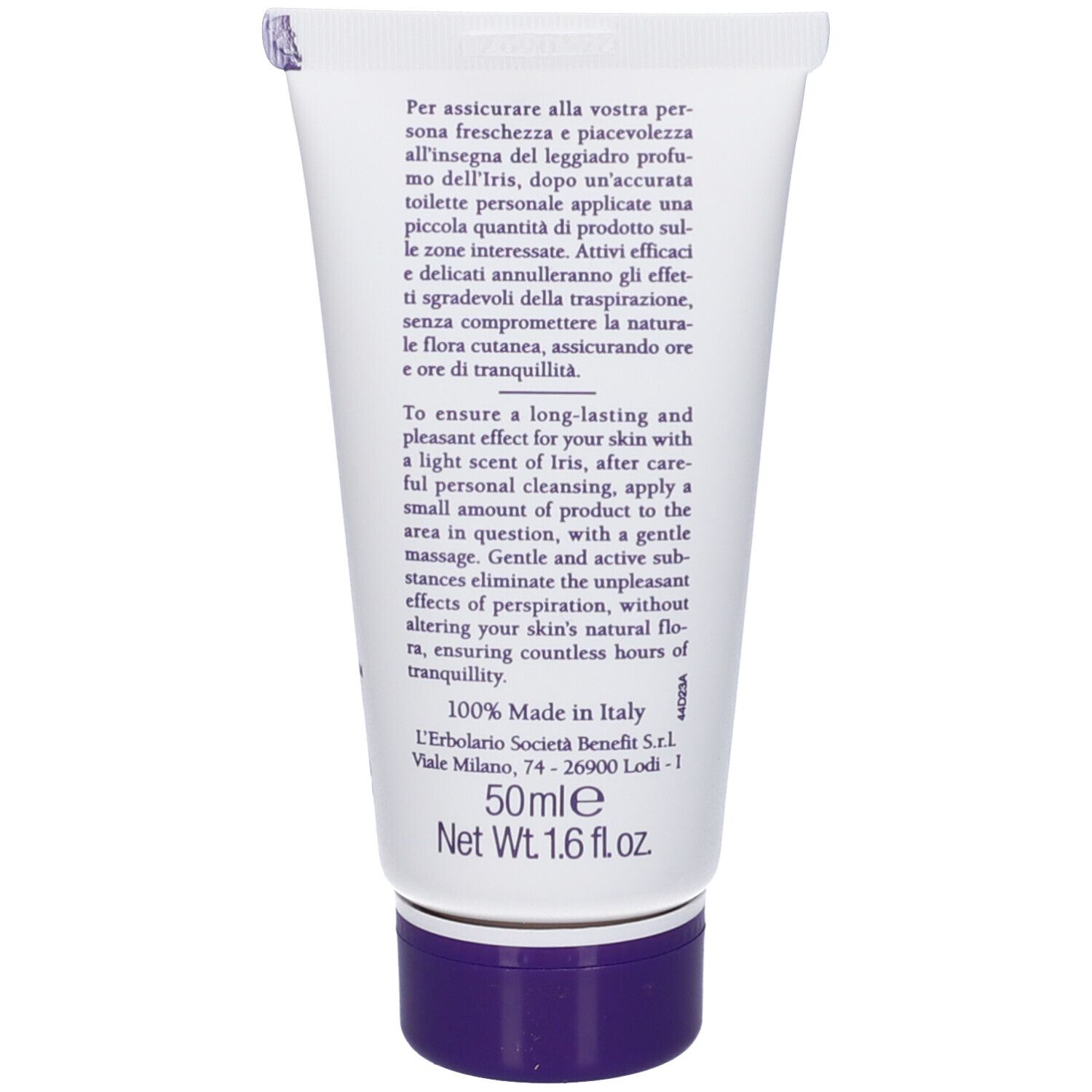 Tubo bianco con tappo viola, 50ml, testo in italiano e inglese.