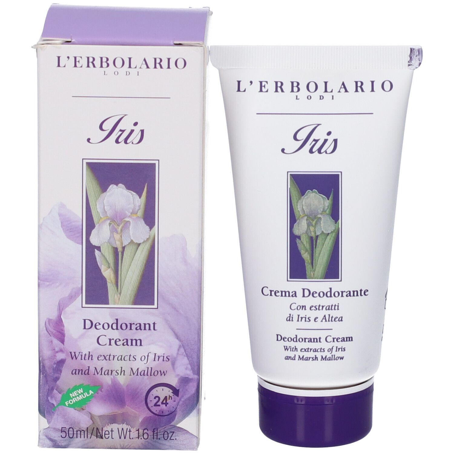 L'Erbolario Iris Deodorant Cream tubo e scatola, 50ml. Con estratti di Iris e Altea.