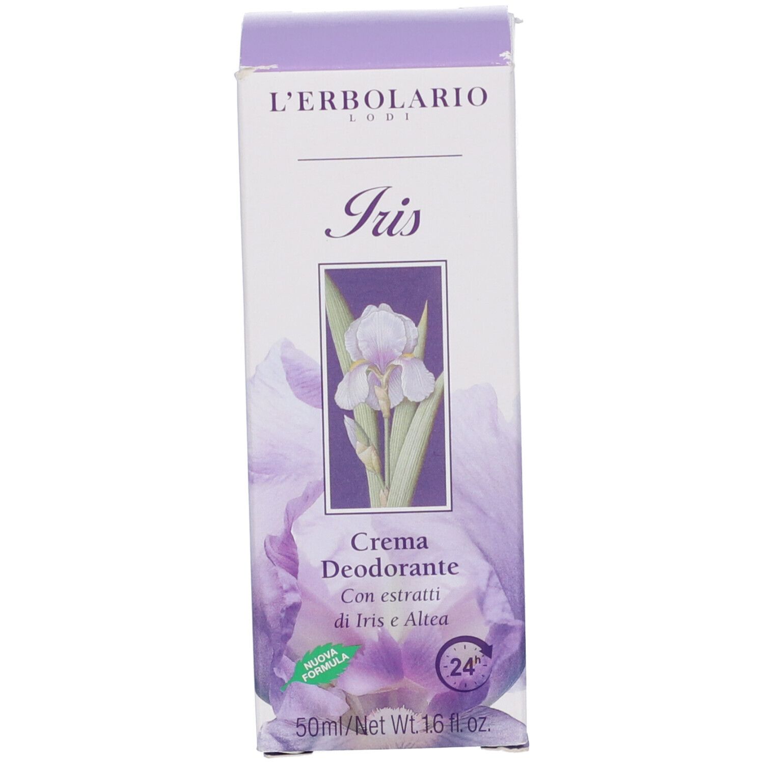 Scatola crema deodorante L'Erbolario Iris con estratti di Iris e Altea, 50ml.
