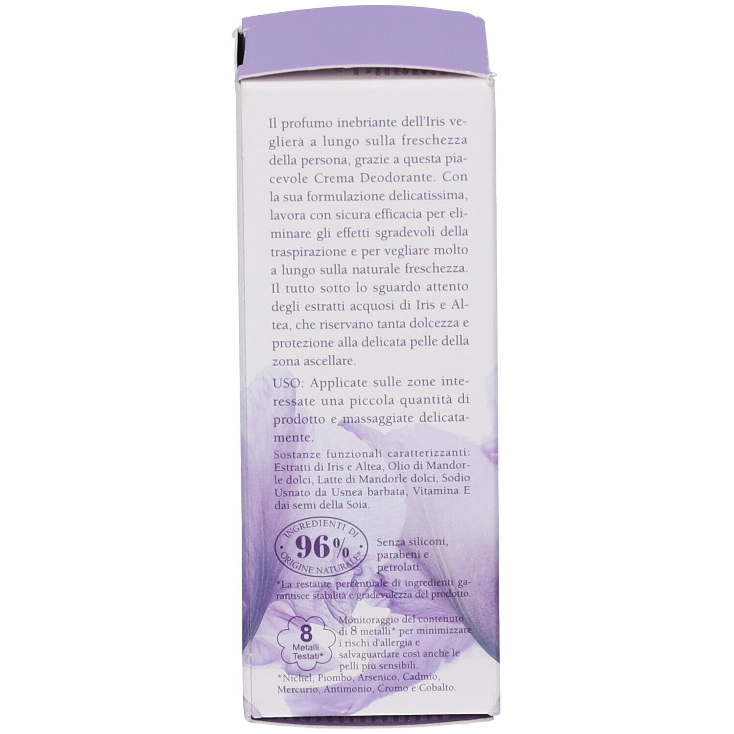 Confezione di crema deodorante con descrizione testuale in italiano e indicazione del 96% di ingredienti naturali.