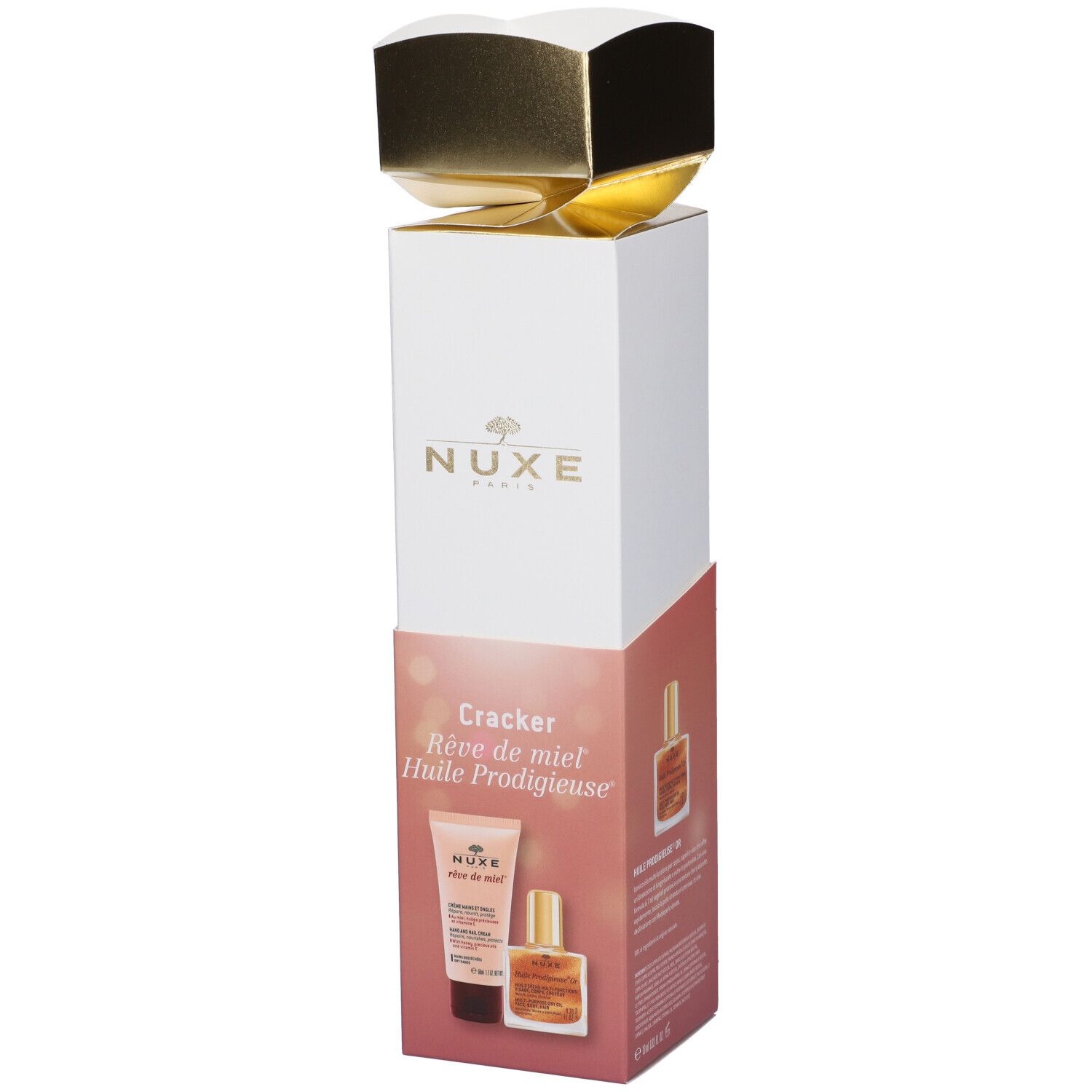 Confezione regalo Nuxe. Contiene crema e olio. Imballaggio bianco e oro.