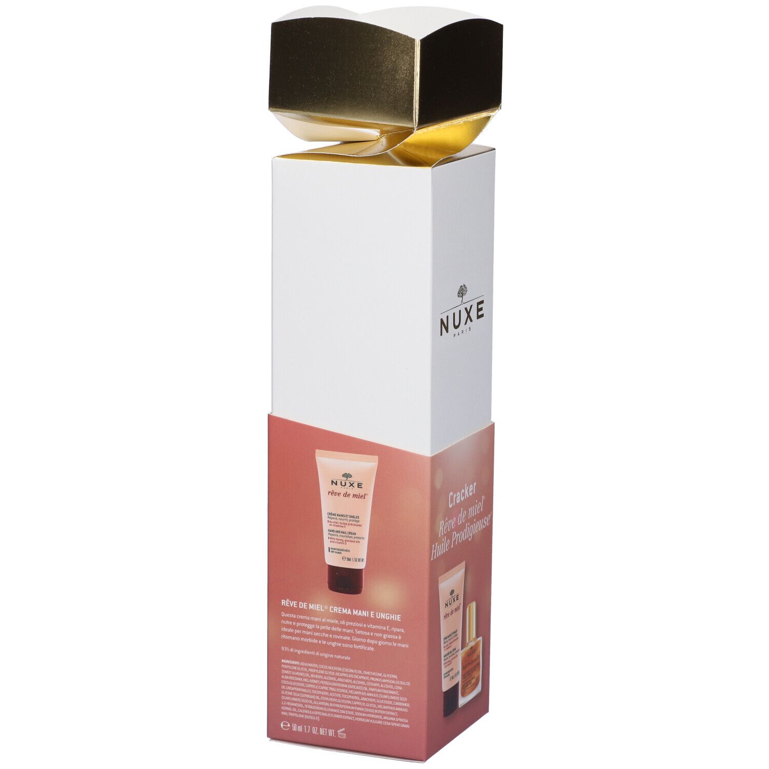 Confezione regalo Nuxe. Crema mani e olio. Testo sul retro.