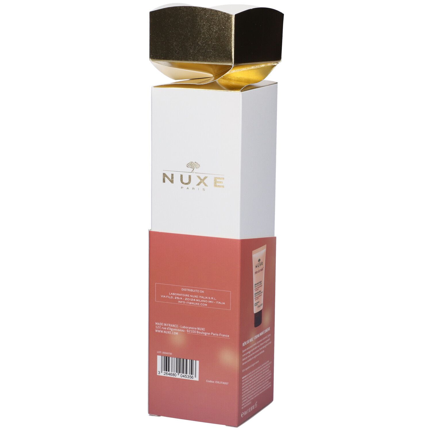 Confezione regalo Nuxe. Testo e codice a barre sul retro.