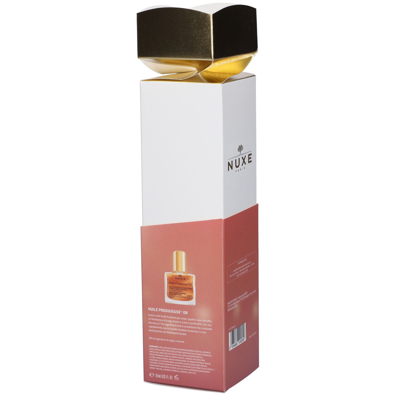 Confezione regalo Nuxe. Flacone d'olio. Testo sul retro.