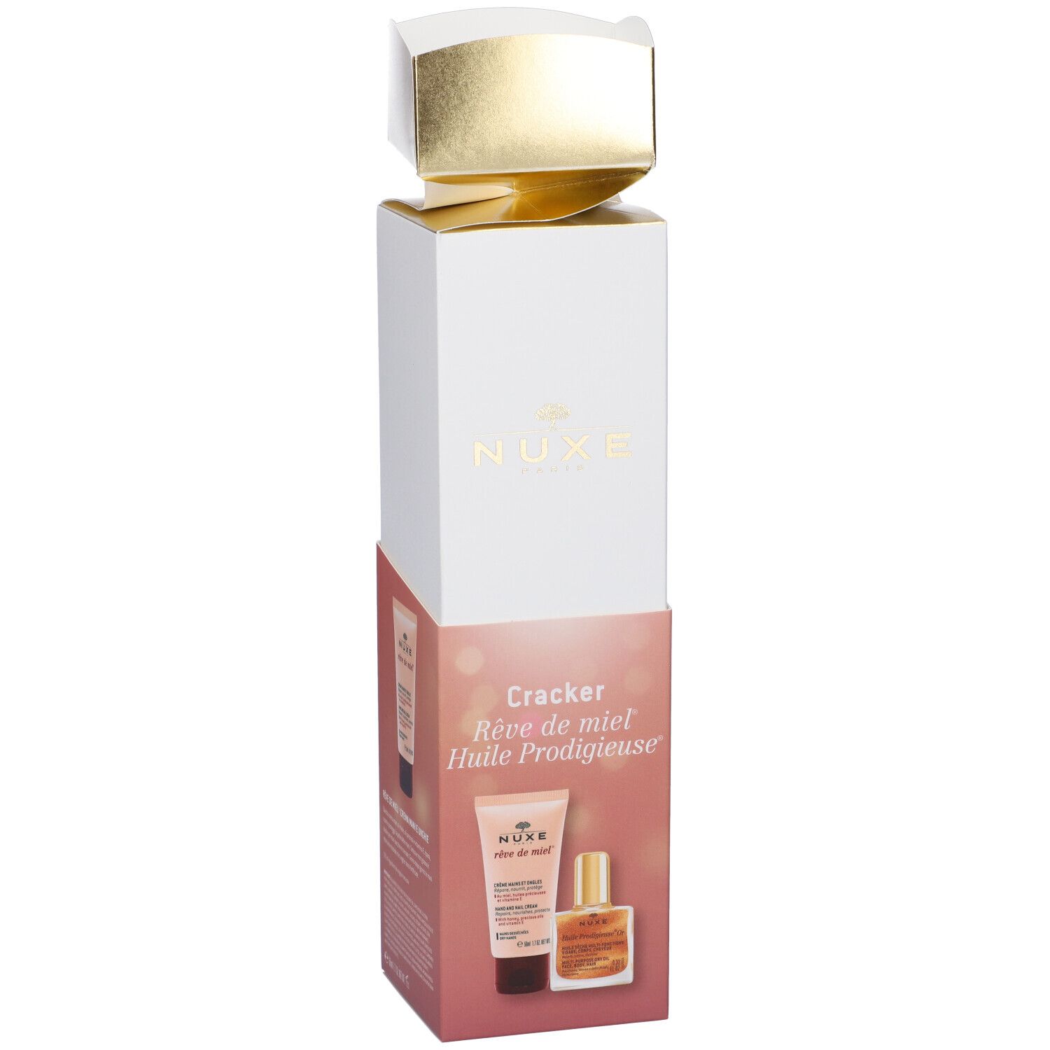 Confezione regalo Nuxe. Crema e olio Prodigieuse. Imballaggio bianco e oro.