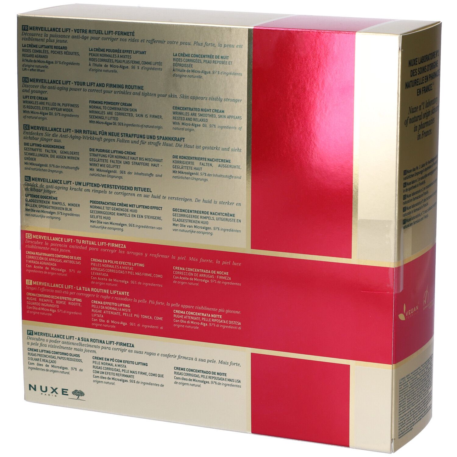 Retro della confezione regalo Nuxe. Dorato con striscia rossa. Testo multilingue. Logo Vegan.
