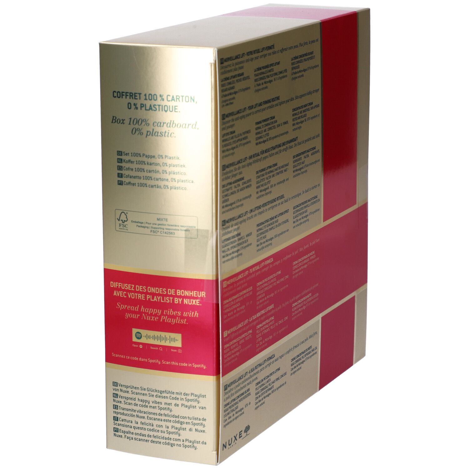 Lato della confezione regalo Nuxe. Dorato con striscia rossa. Testo: Coffret 100% carton, codice Spotify.