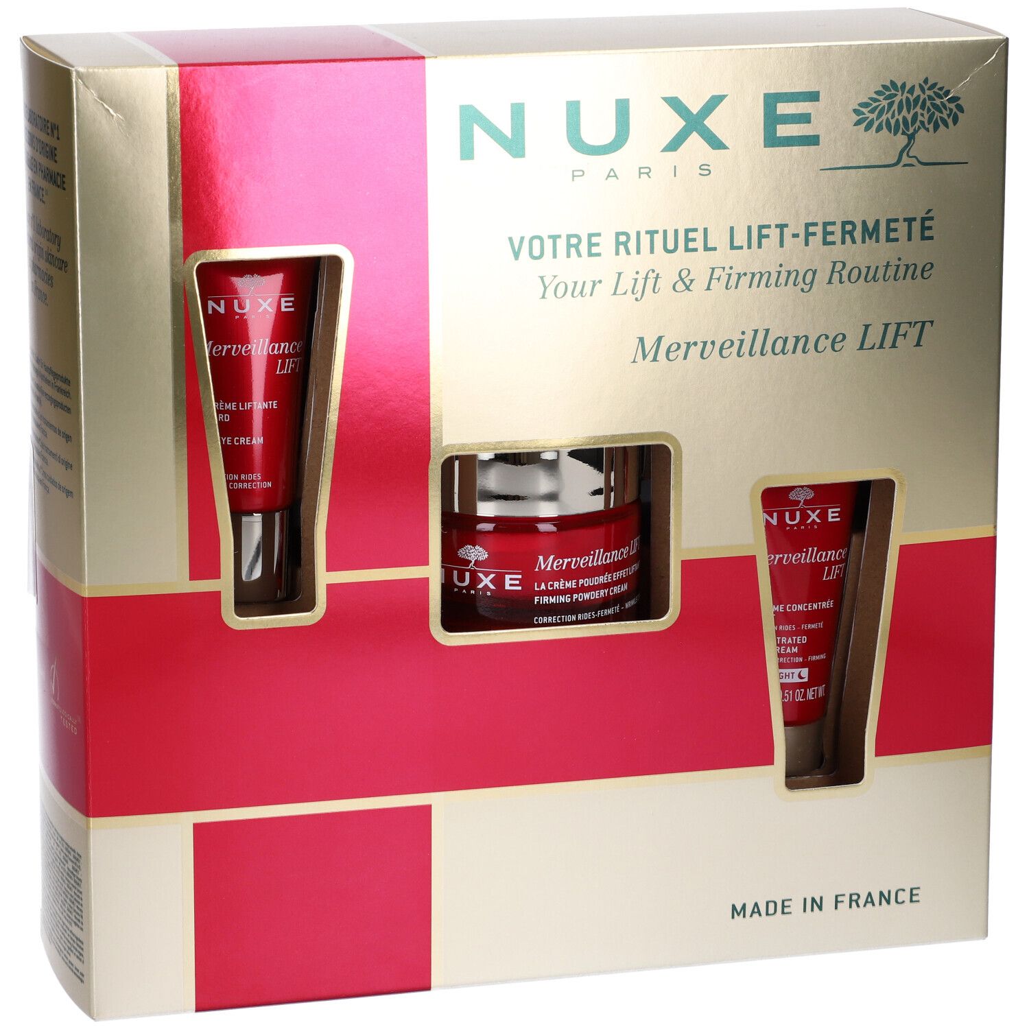 Confezione regalo Nuxe con tre prodotti. Tubi e vasetto rossi visibili. Confezione dorata e rossa.