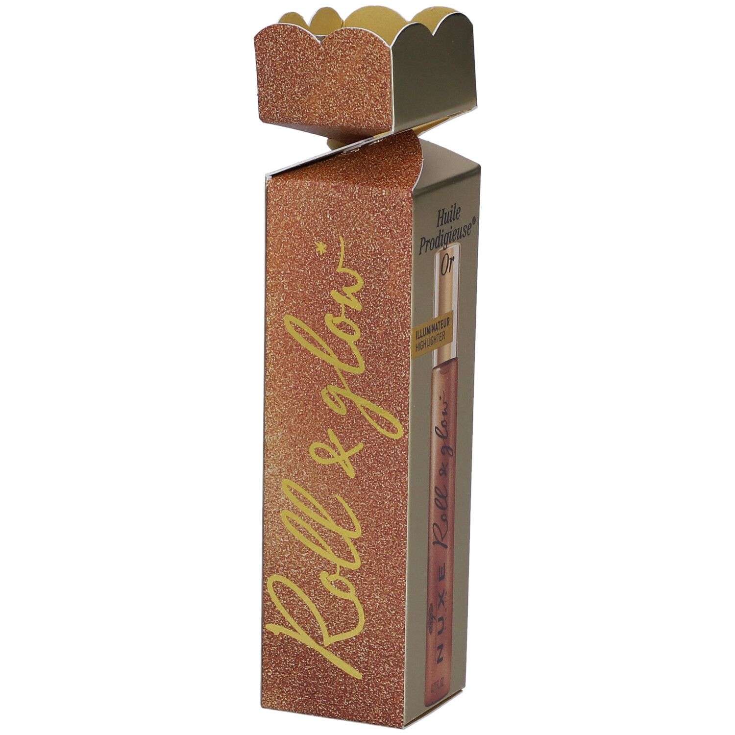 Confezione dorata con prodotto. Scritte: Roll & glow, Nuxe, Huile Prodigieuse Or. Applicatore roll-on visibile.