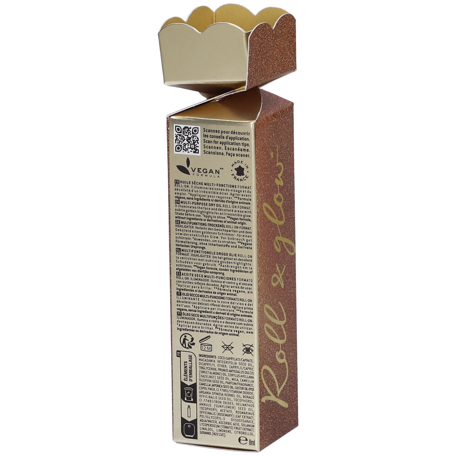 Confezione dorata con prodotto. Scritte: Roll & glow, Nuxe, Huile Prodigieuse Or. Applicatore roll-on visibile.