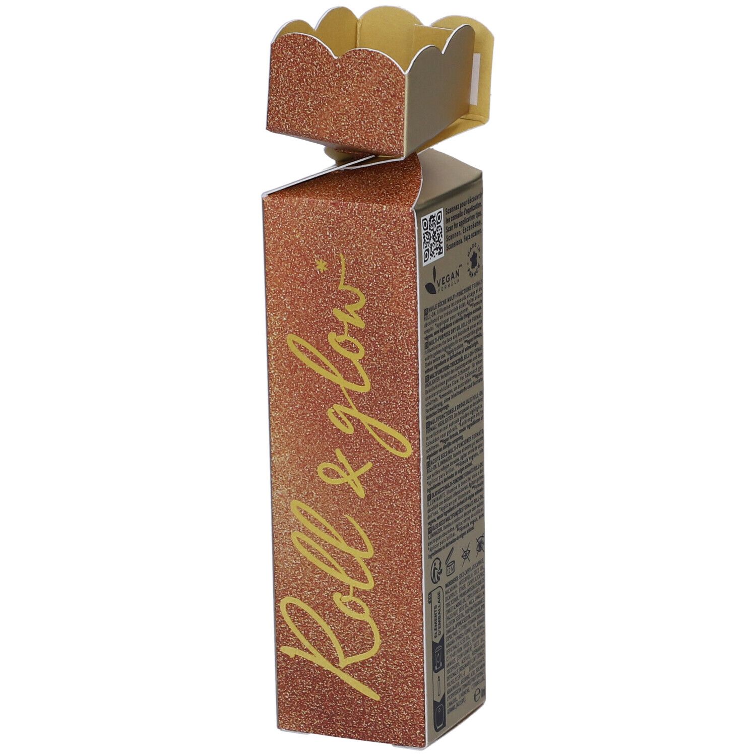 Confezione dorata con prodotto. Scritte: Roll & glow, Nuxe, Huile Prodigieuse Or. Applicatore roll-on visibile.