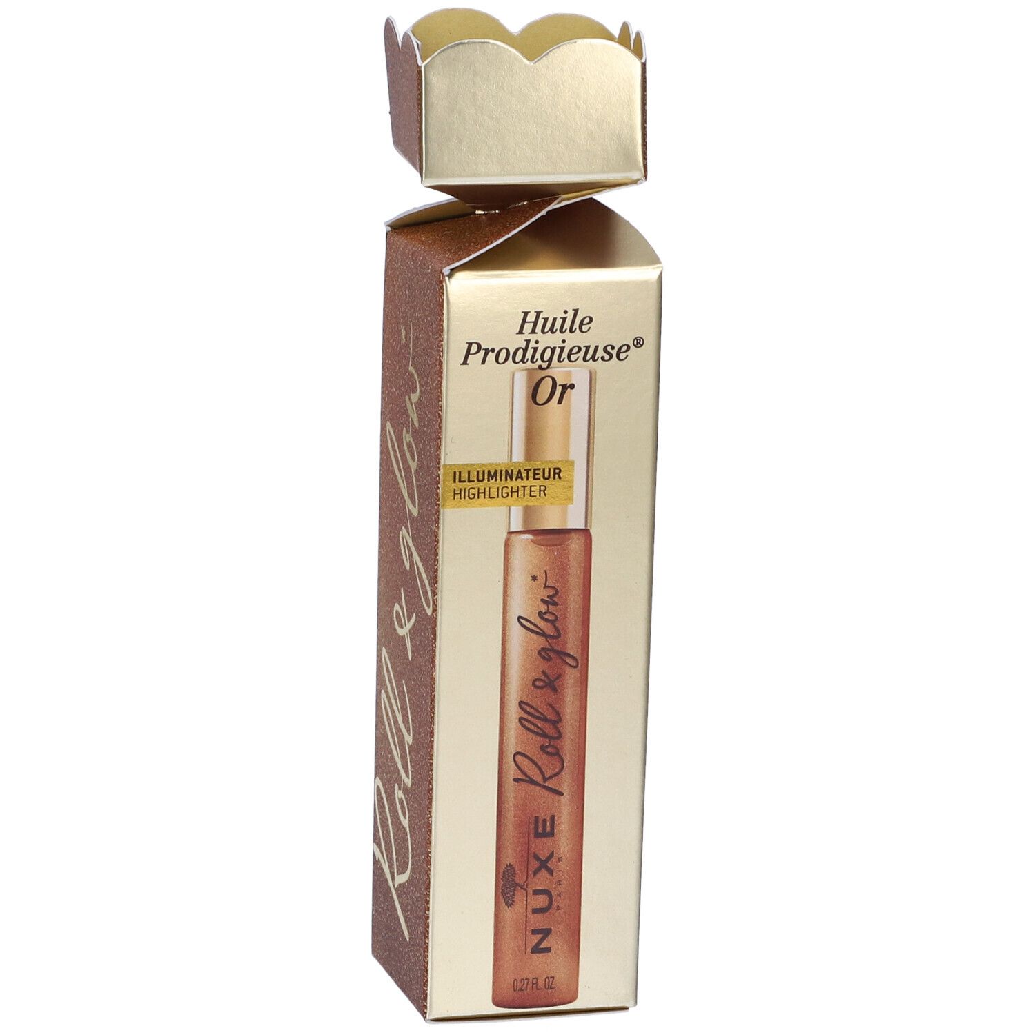 Confezione dorata con prodotto. Scritte: Roll & glow, Nuxe, Huile Prodigieuse Or. Applicatore roll-on visibile.