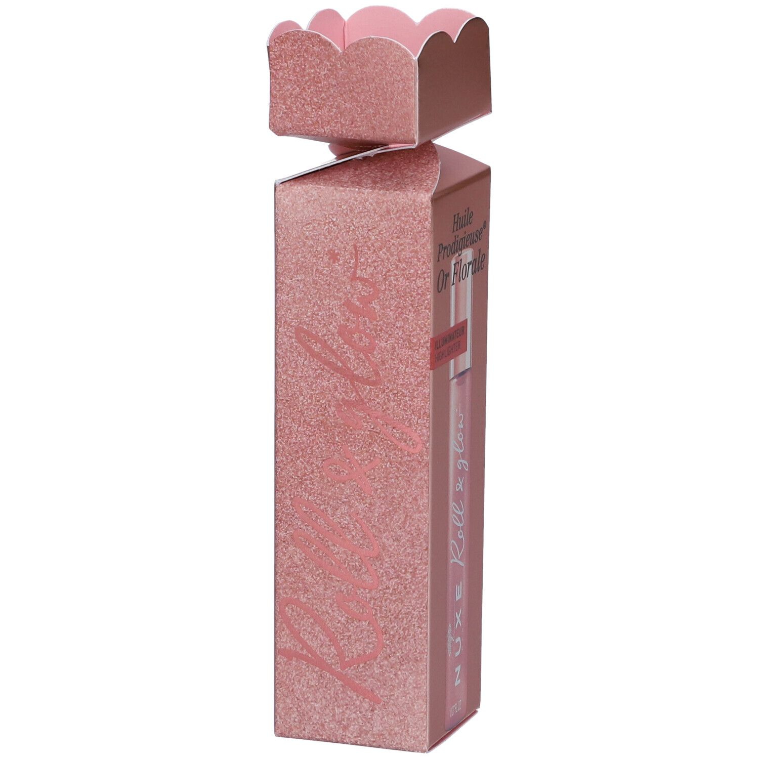 Confezione rosa glitterata. Scritta: Nuxe Roll & glow, Huile Prodigieuse Or Florale. Confezione rosa.