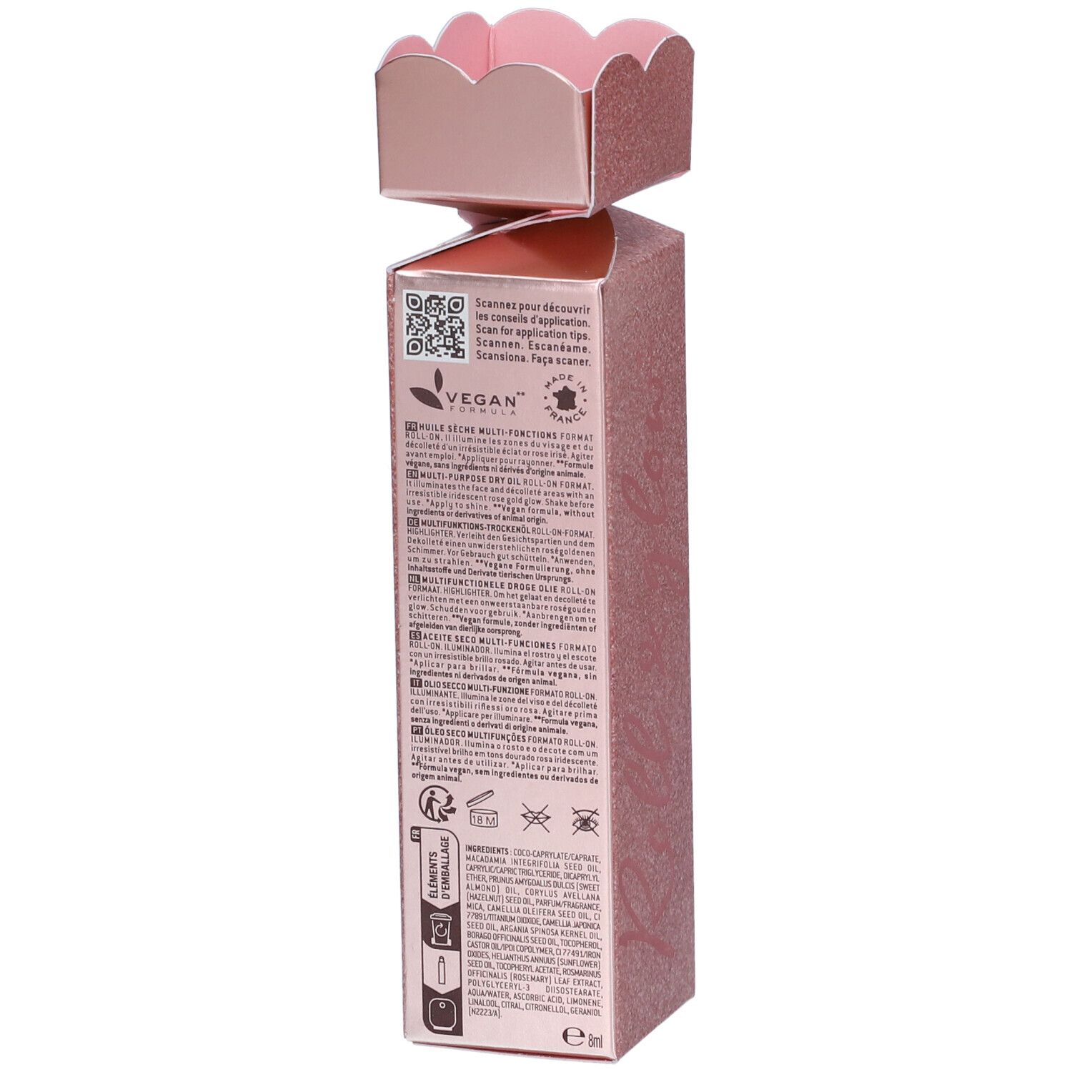 Retro della confezione rosa glitterata. Testo e loghi. Certificazione vegana. Ingredienti.