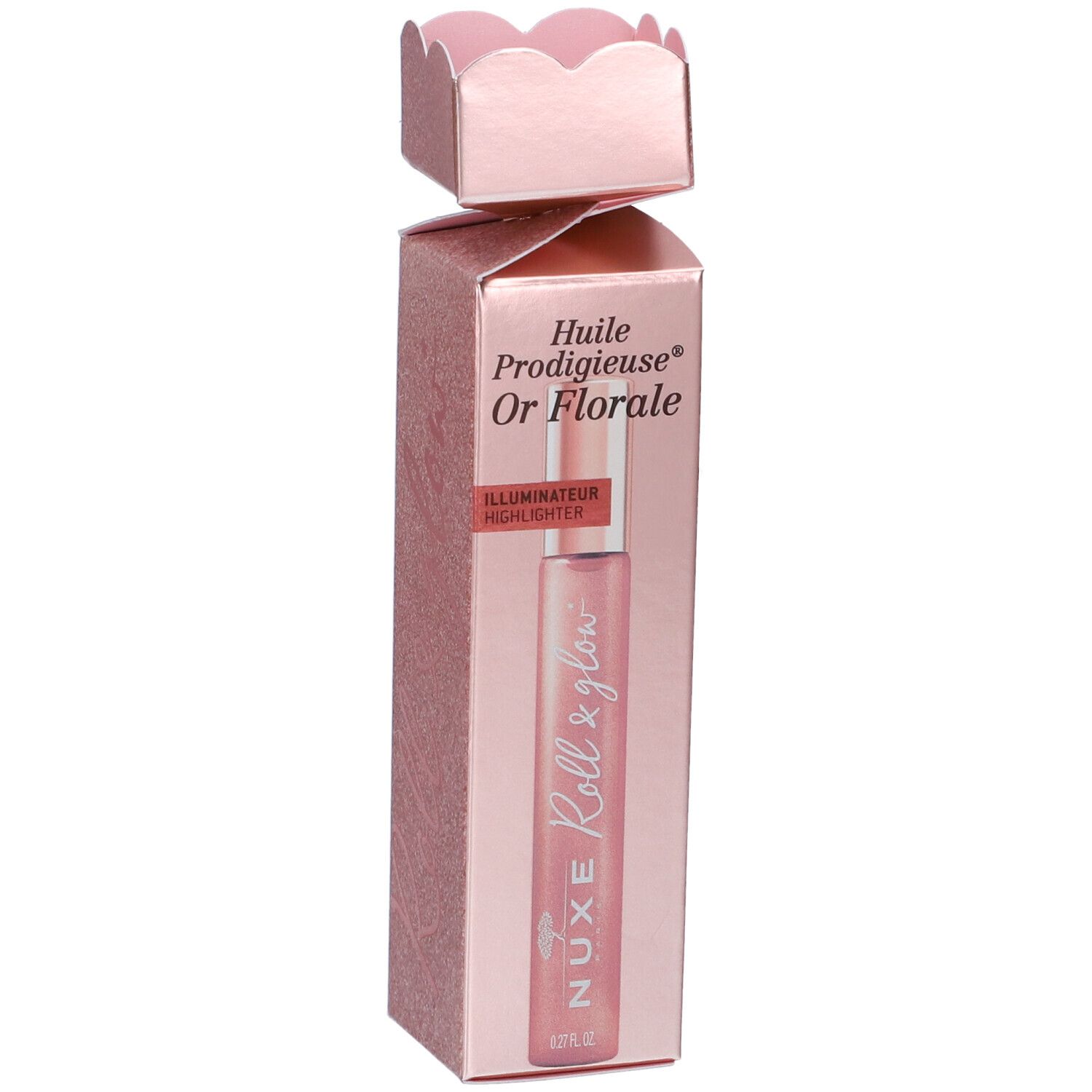 Confezione rosa con flacone roll-on. Scritta: Nuxe Roll & glow, Huile Prodigieuse Or Florale. Confezione rosa.
