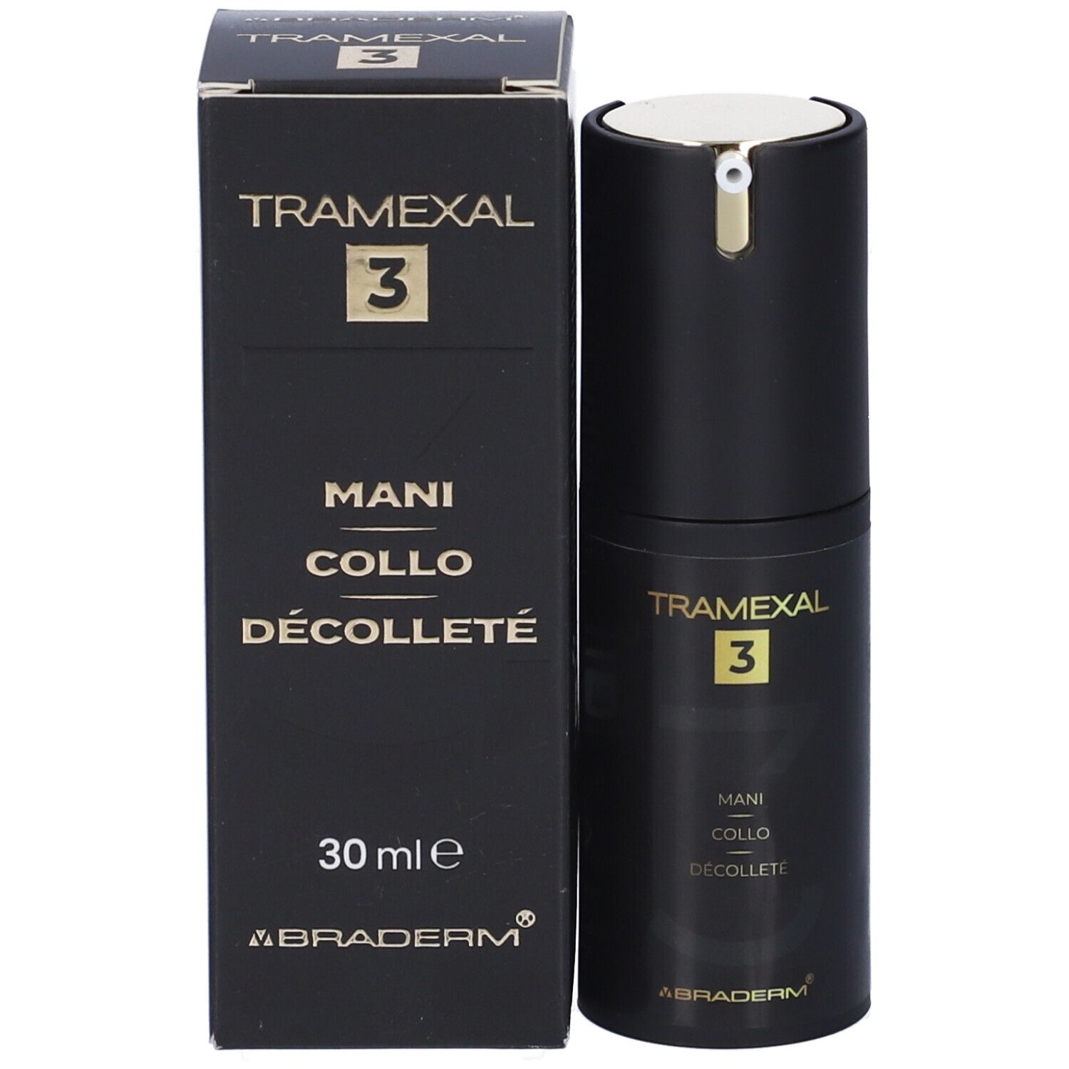 Prodotto e confezione. Flacone nero con erogatore dorato e scatola nera. Scritta: Tramexal 3, 30 ml.