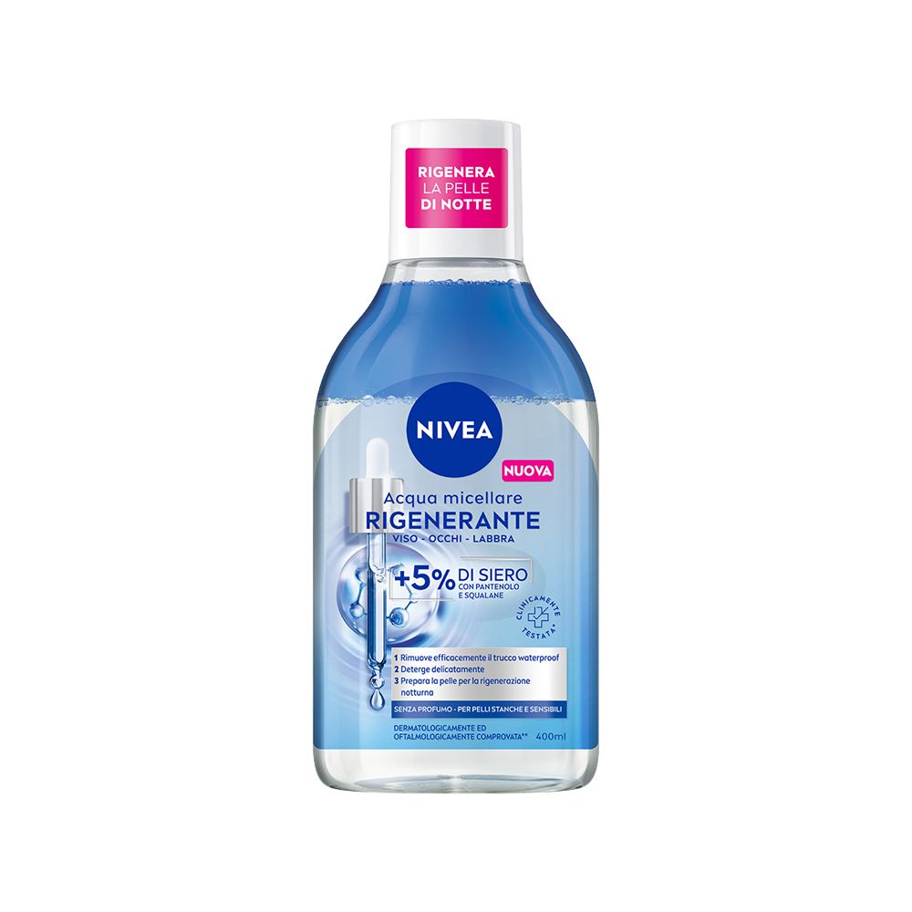 Nivea Acqua Micellare Rigenerante 400 ml, Struccante viso e occhi con 5% siero + Aminoacid Complex