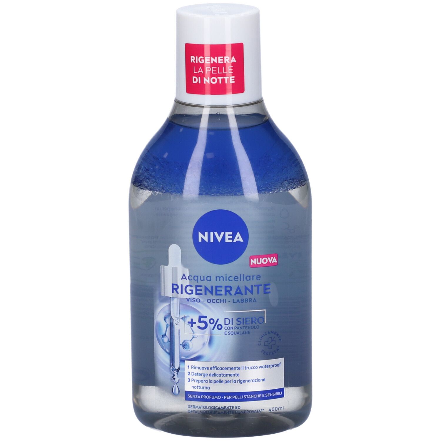 Nivea Acqua Micellare Rigenerante 400 ml, Struccante viso e occhi con 5% siero + Aminoacid Complex