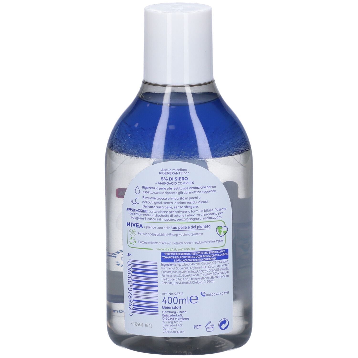 Nivea Acqua Micellare Rigenerante 400 ml, Struccante viso e occhi con 5% siero + Aminoacid Complex