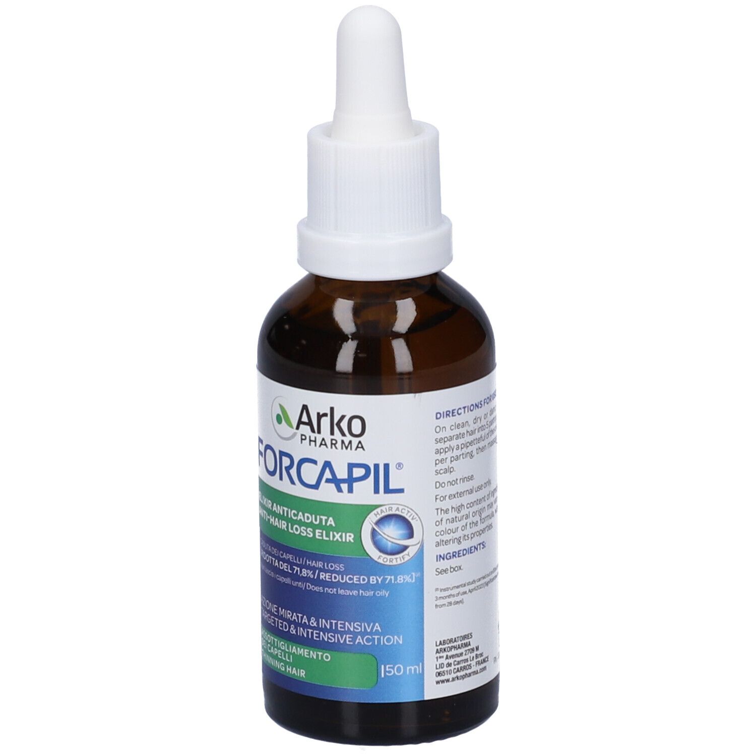 Flacone marrone con contagocce bianco. Scritta: Arko Pharma Forcapil, Elixir Anticaduta. 150ml. Vista obliqua.
