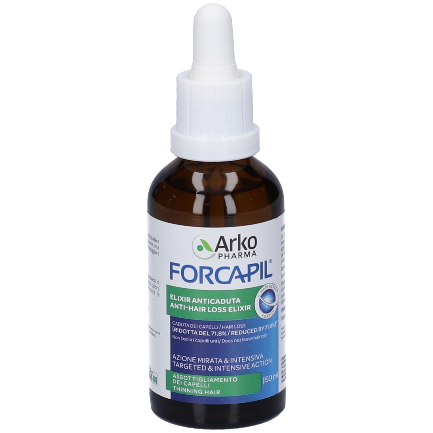 Flacone marrone con contagocce bianco. Scritta: Arko Pharma Forcapil, Elixir Anticaduta. 150ml.