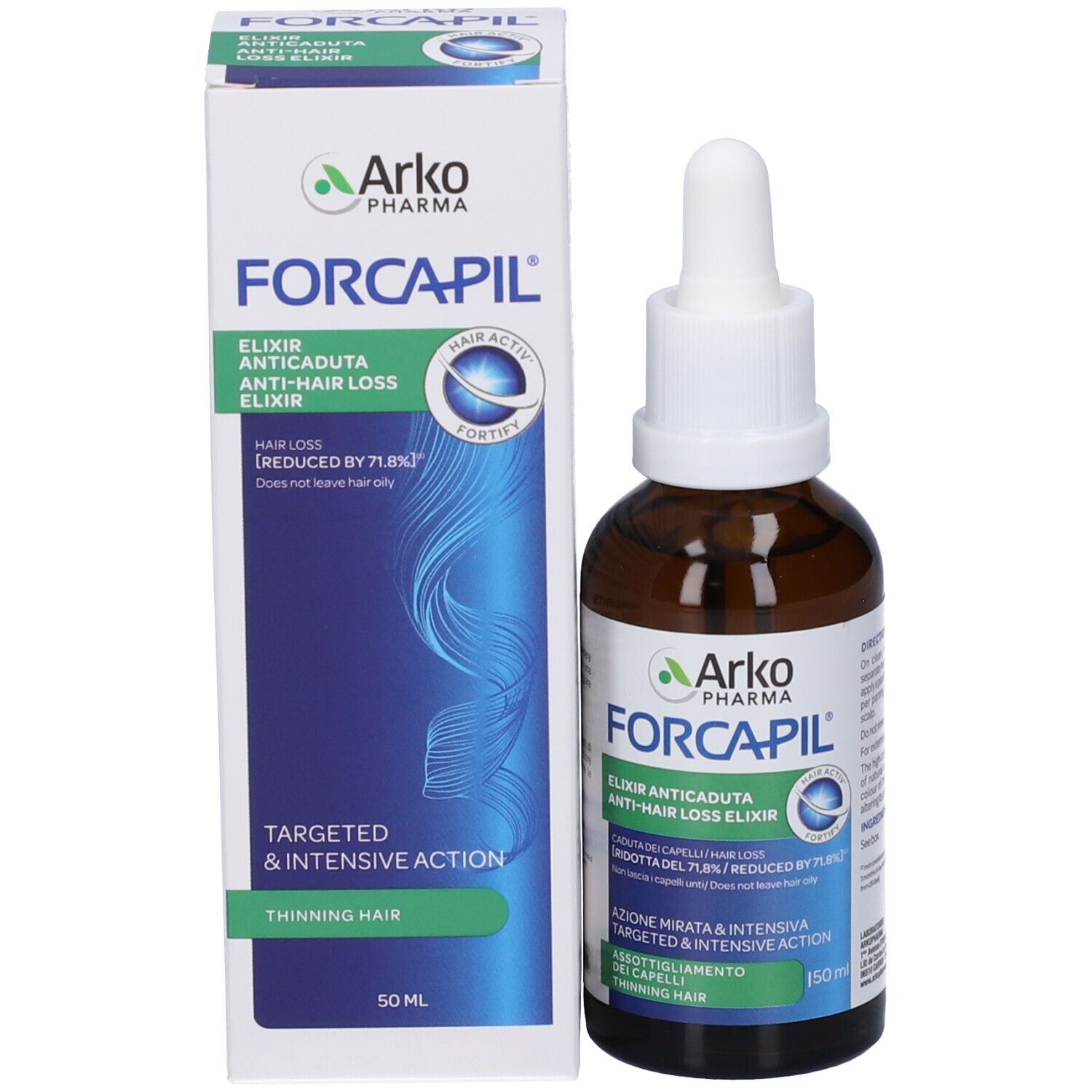 Prodotto e confezione. Flacone marrone con contagocce bianco e scatola. Scritta: Arko Pharma Forcapil.