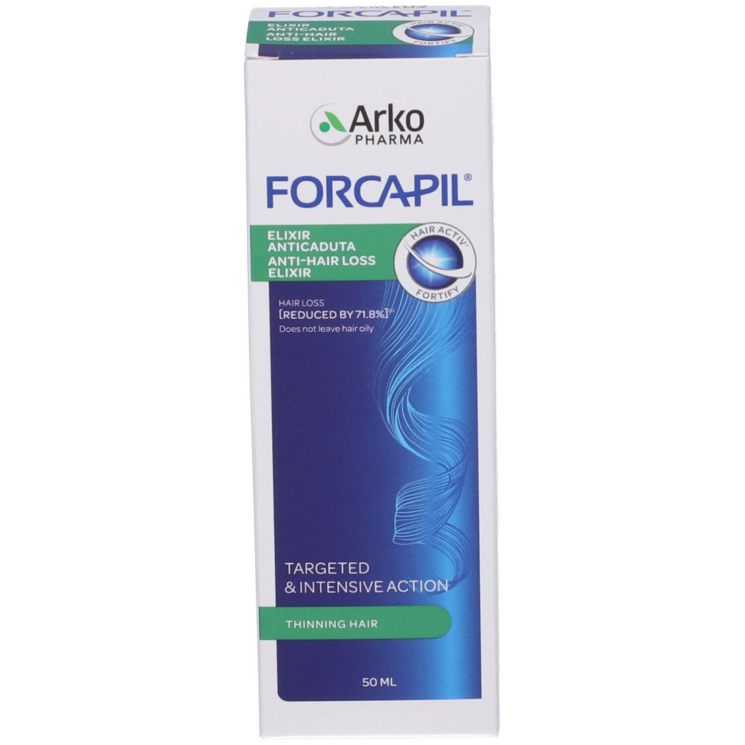 Confezione. Scatola con scritta: Arko Pharma Forcapil, Elixir Anticaduta. 50ml.
