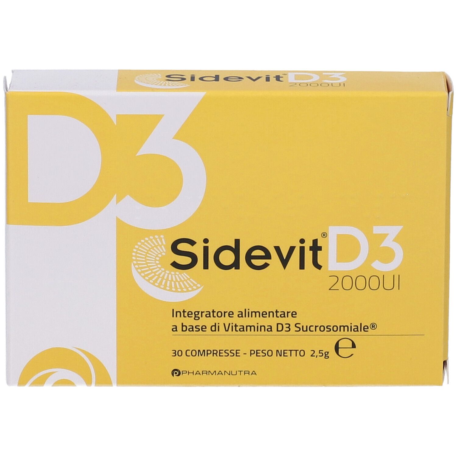 Scatola gialla Sidevit D3 2000UI. Scritto: 30 compresse, peso netto 2,5g. Logo Pharmanutra.