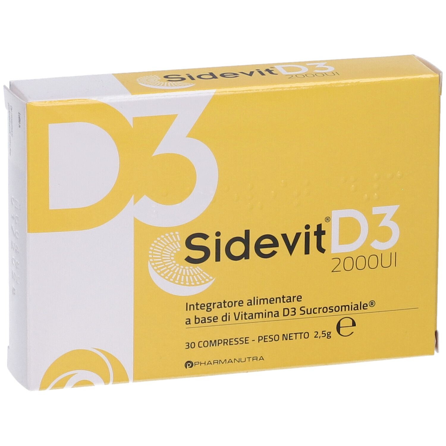 Scatola gialla Sidevit D3 2000UI. Scritto: 30 compresse, peso netto 2,5g. Logo Pharmanutra.