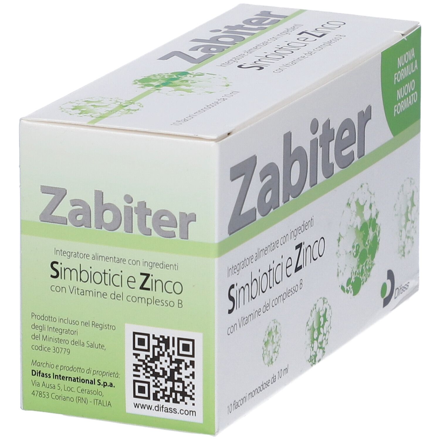 Scatola Zabiter, Simbiotici e Zinco. 10 flaconcini. Codice QR e logo Difass. Confezione bianca e verde.