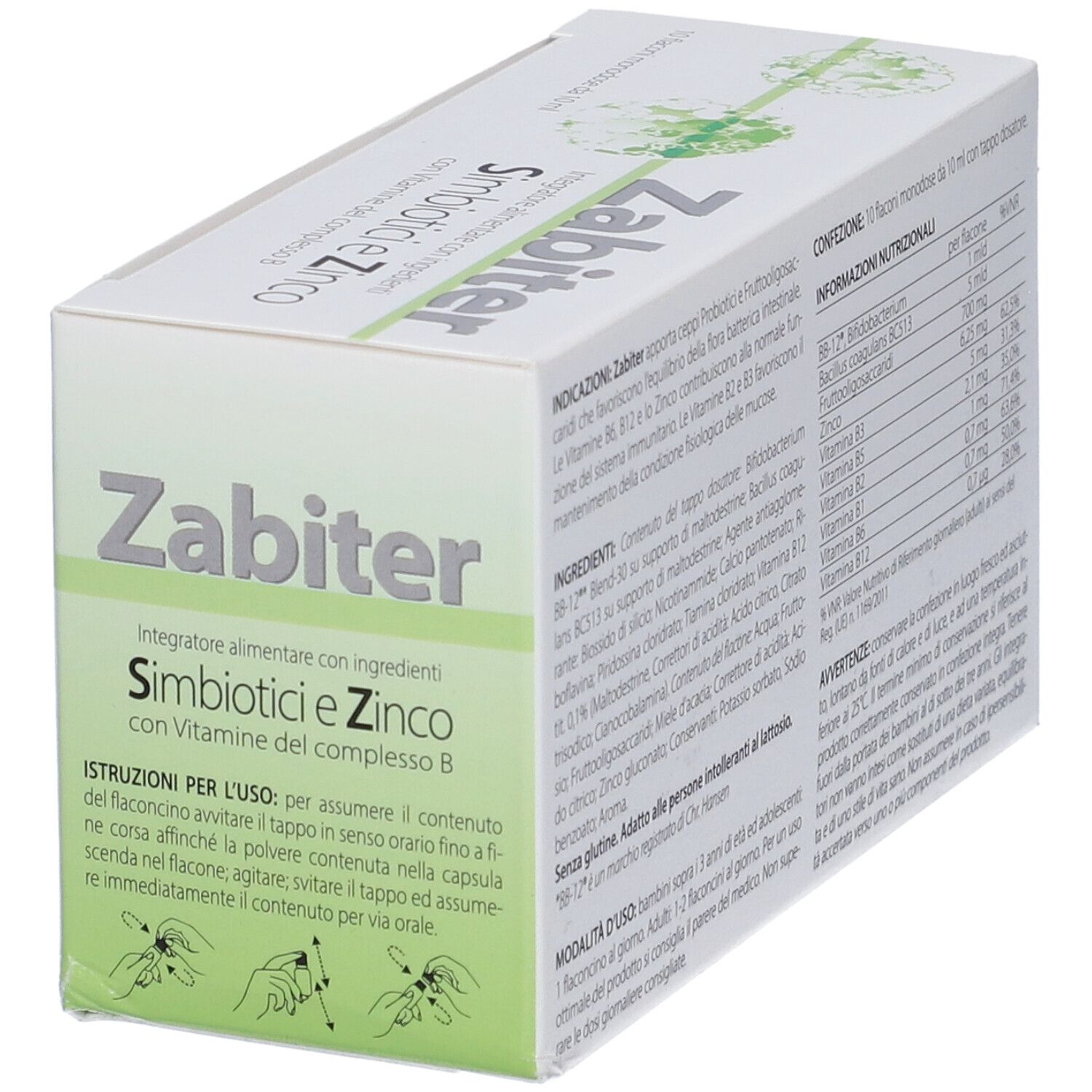 Scatola Zabiter con testo e istruzioni. Confezione bianca con accenti verdi. Logo e nome del prodotto.