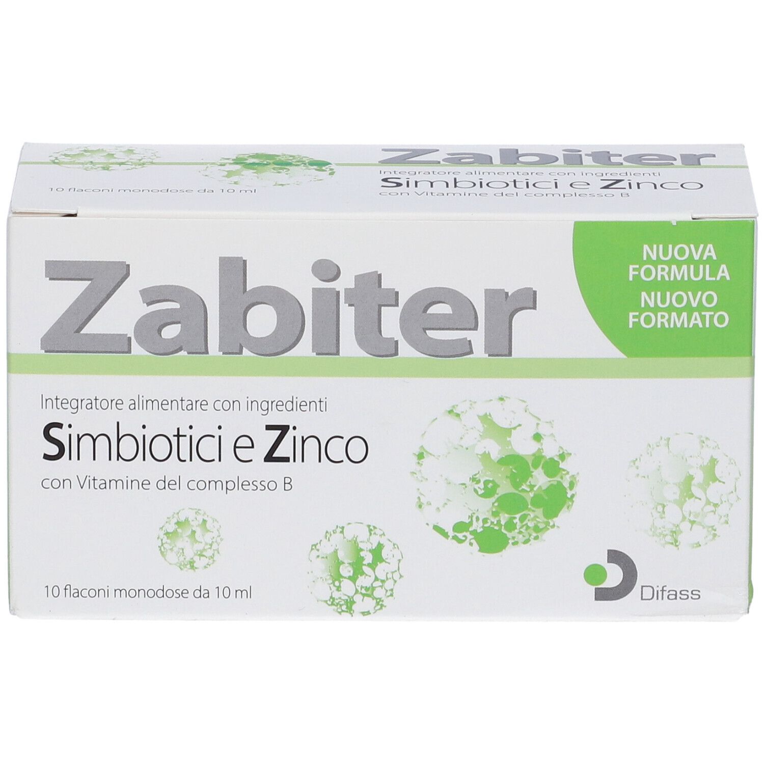 Scatola Zabiter, Simbiotici e Zinco. 10 flaconcini. Confezione bianca e verde. Logo e nome del prodotto.
