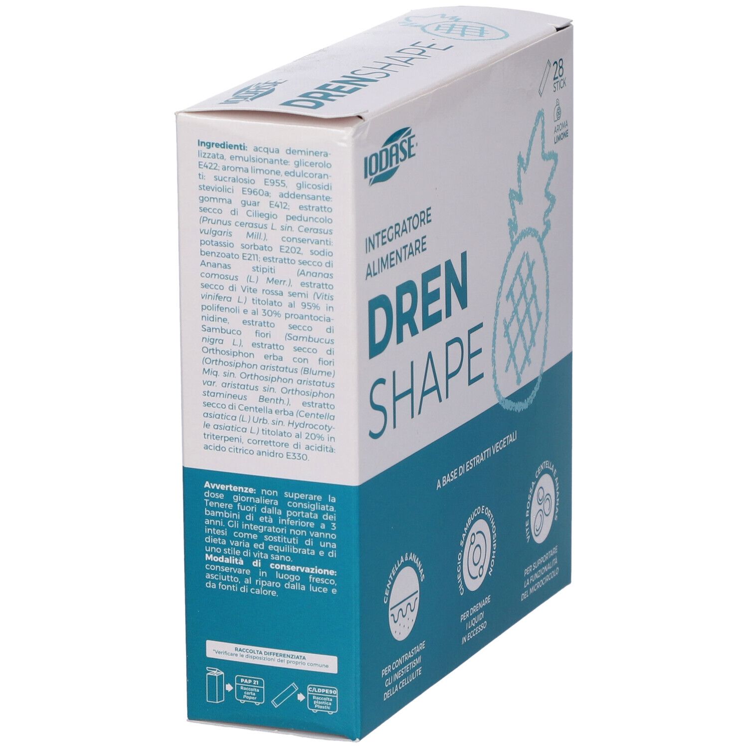 Vista laterale della confezione Iodase Drenshape Stick. Contiene ingredienti e avvertenze. Bianco e blu.